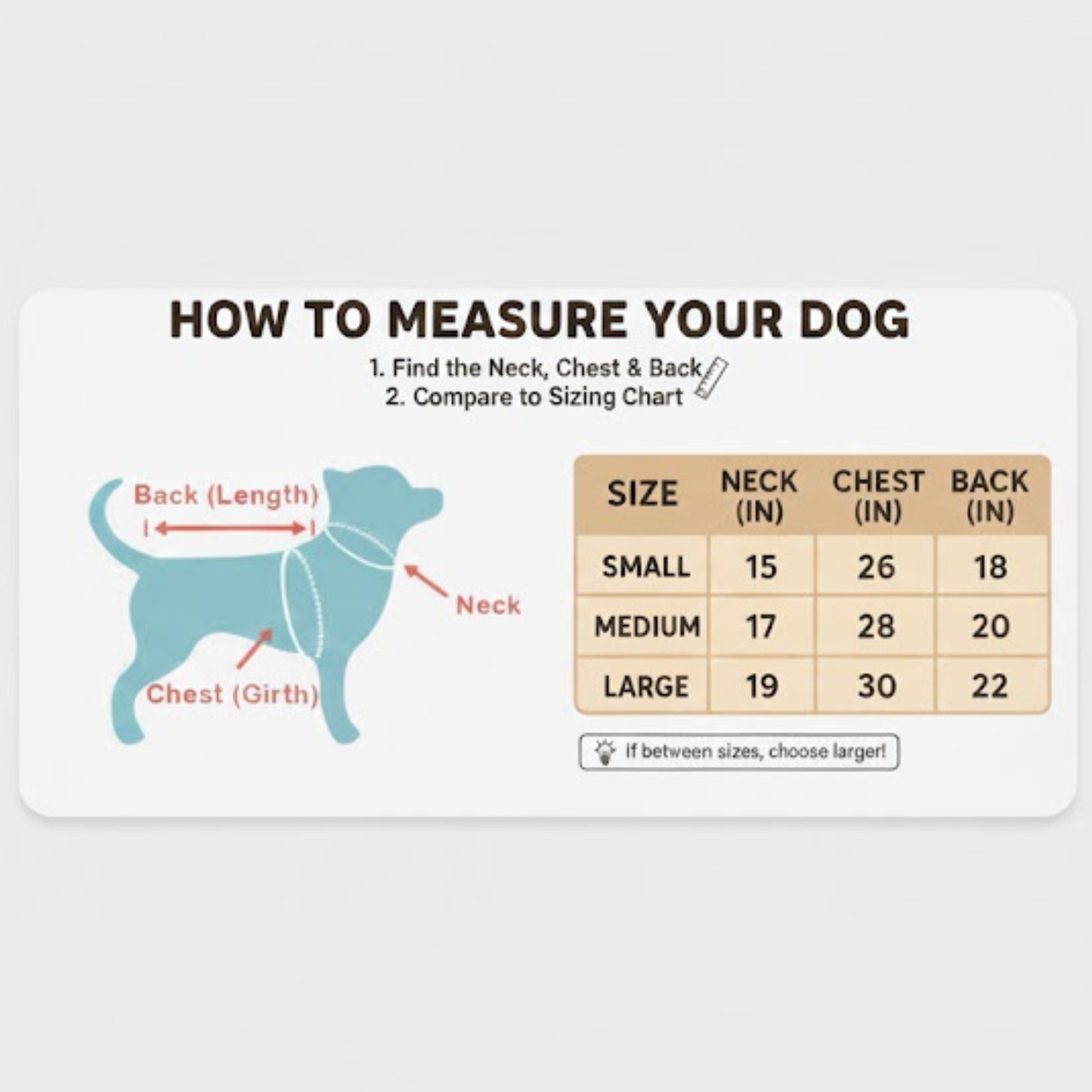 Instructions on how to measure a dog with a diagram and sizing chart.