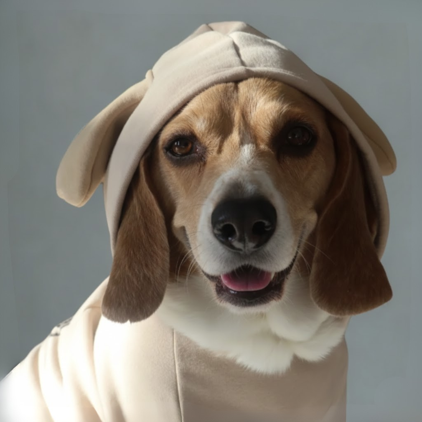 Beagle wearing size large Beagle Face Lounger Hoodie in beige